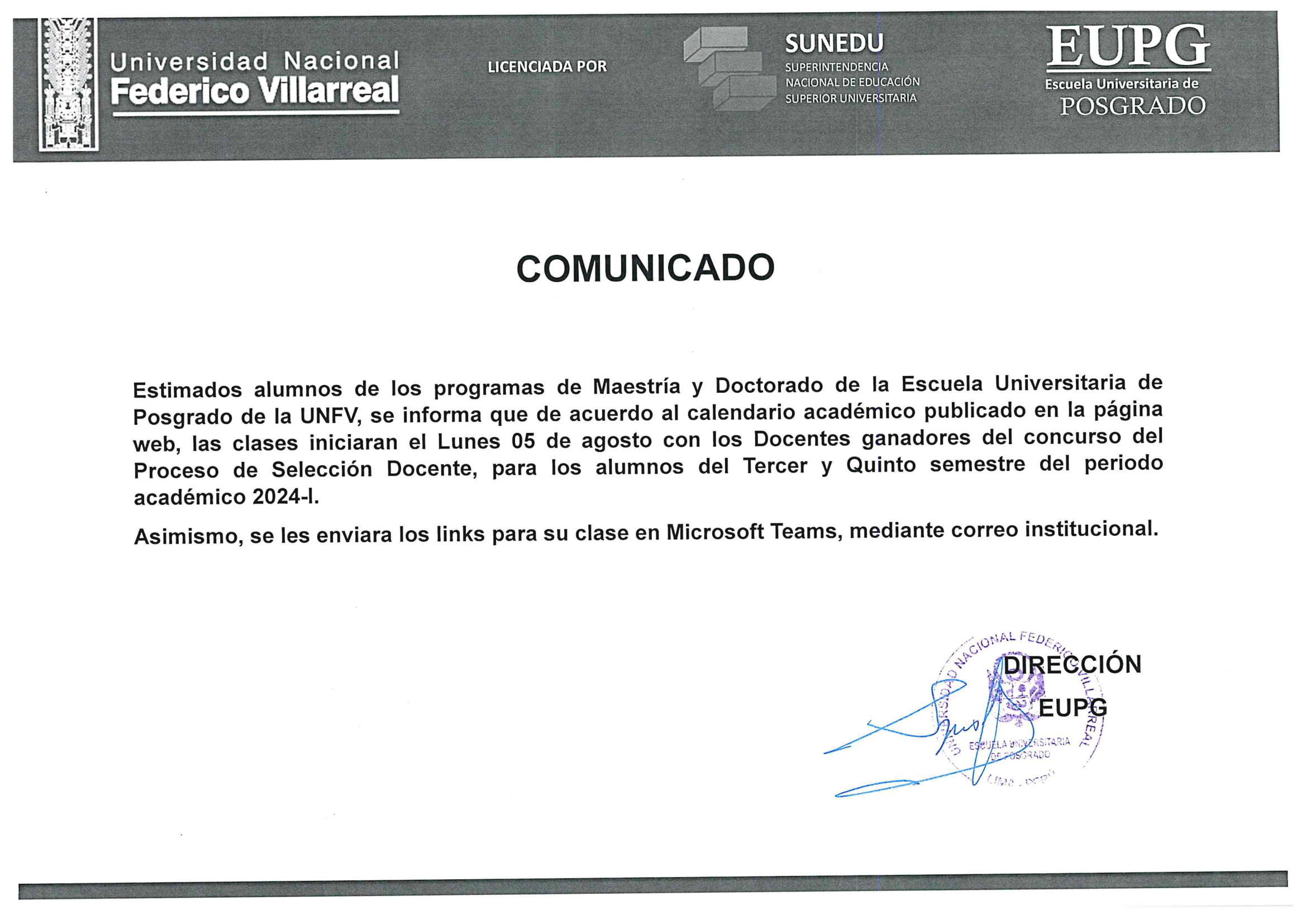 Comunicado sobre inicio de clases 2024-I - (III y V Ciclos)