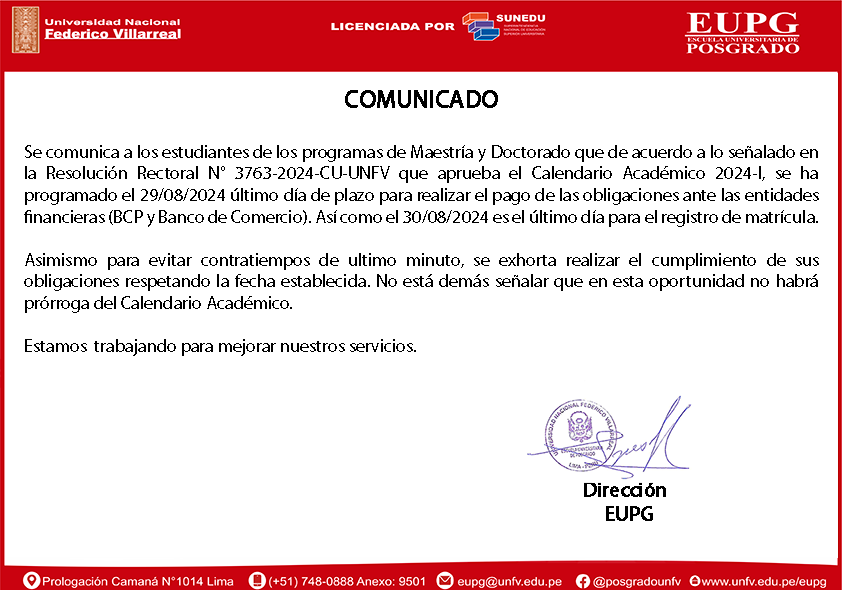 Comunicado sobre pago de matrícula 2024-I