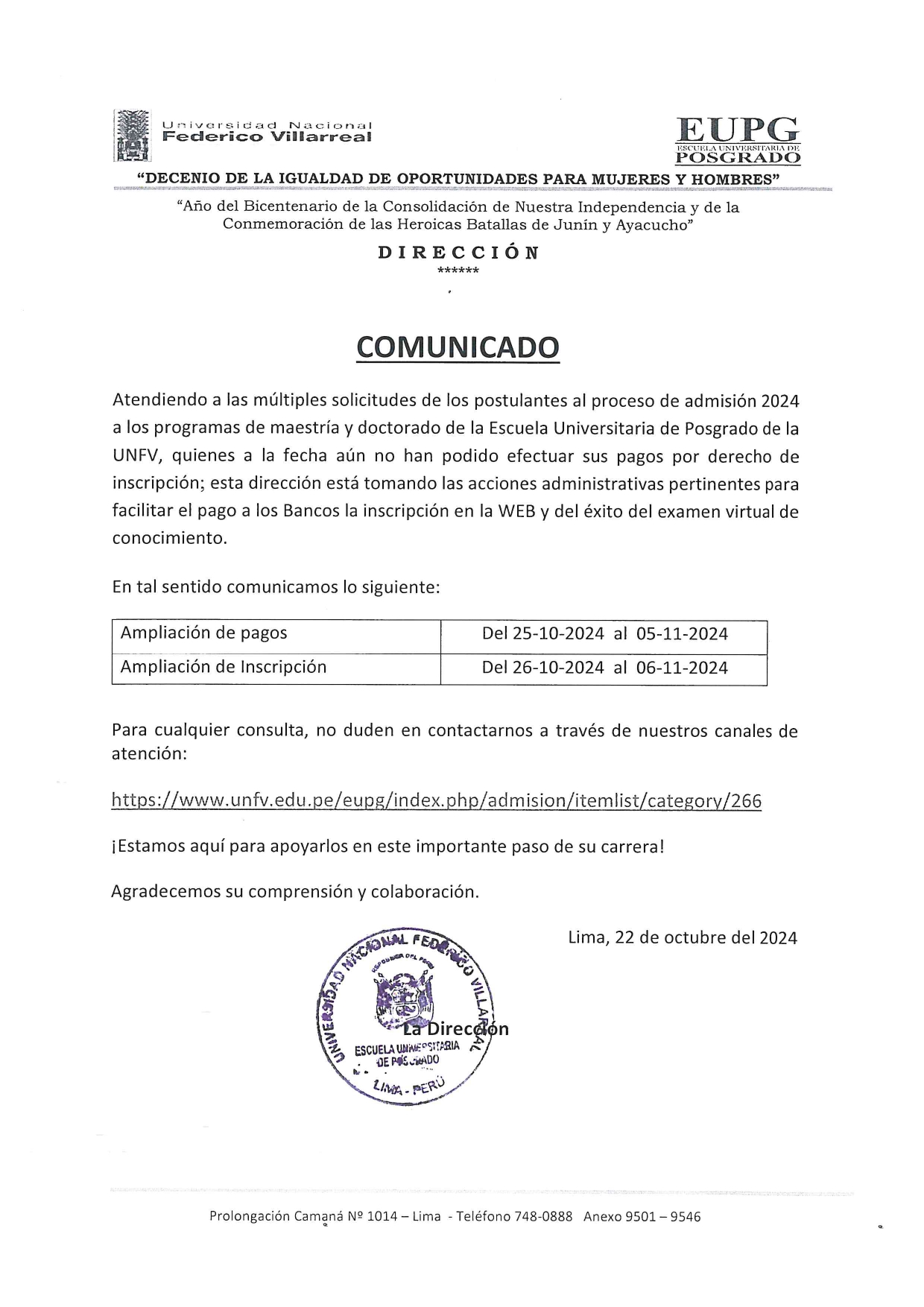 Comunicado sobre Admisión 2024