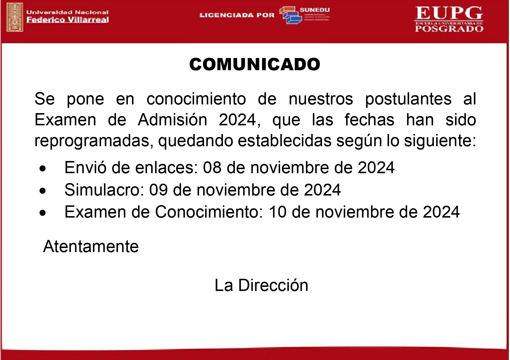 Comunicado sobre Admisión 2024