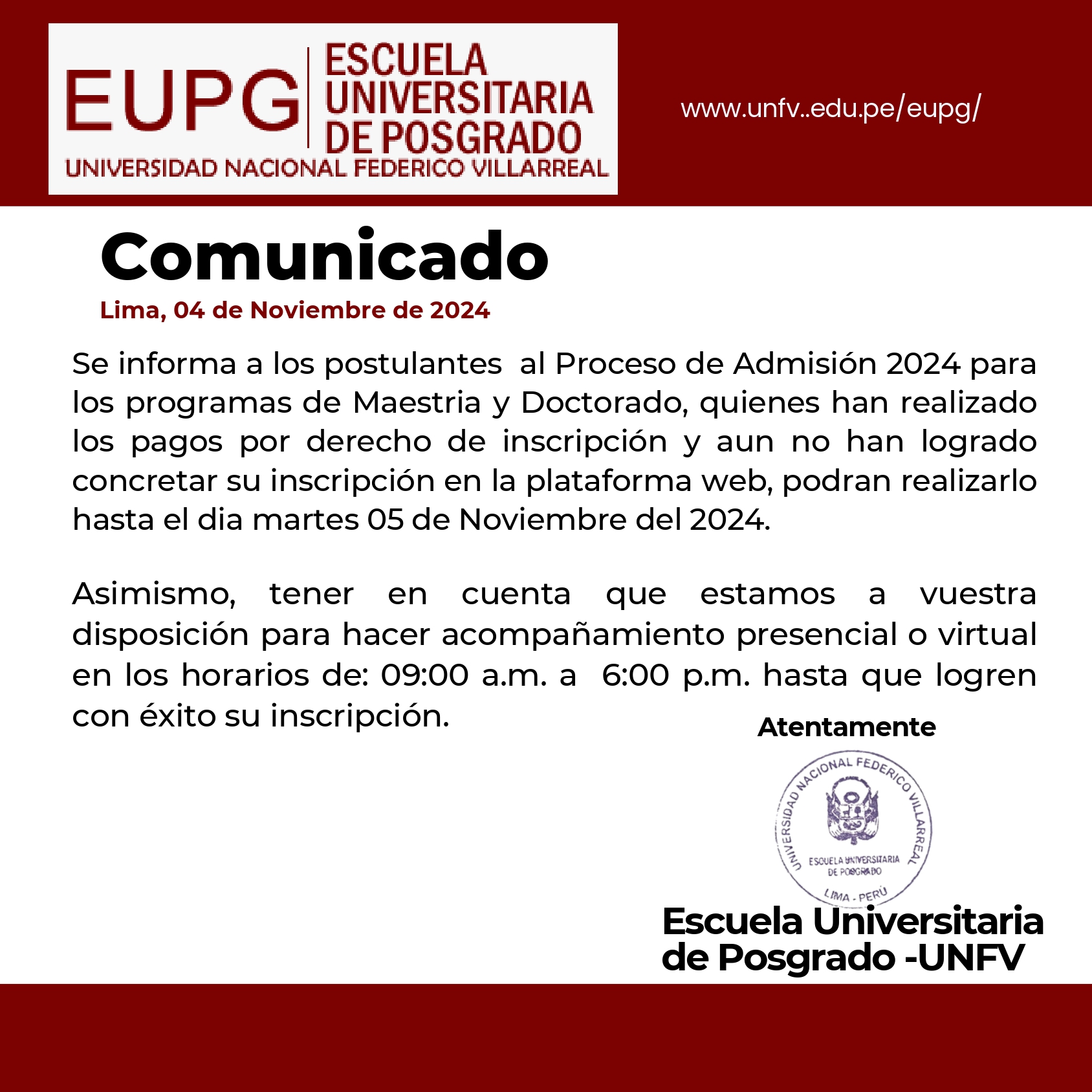Comunicado sobre Admisión 2024