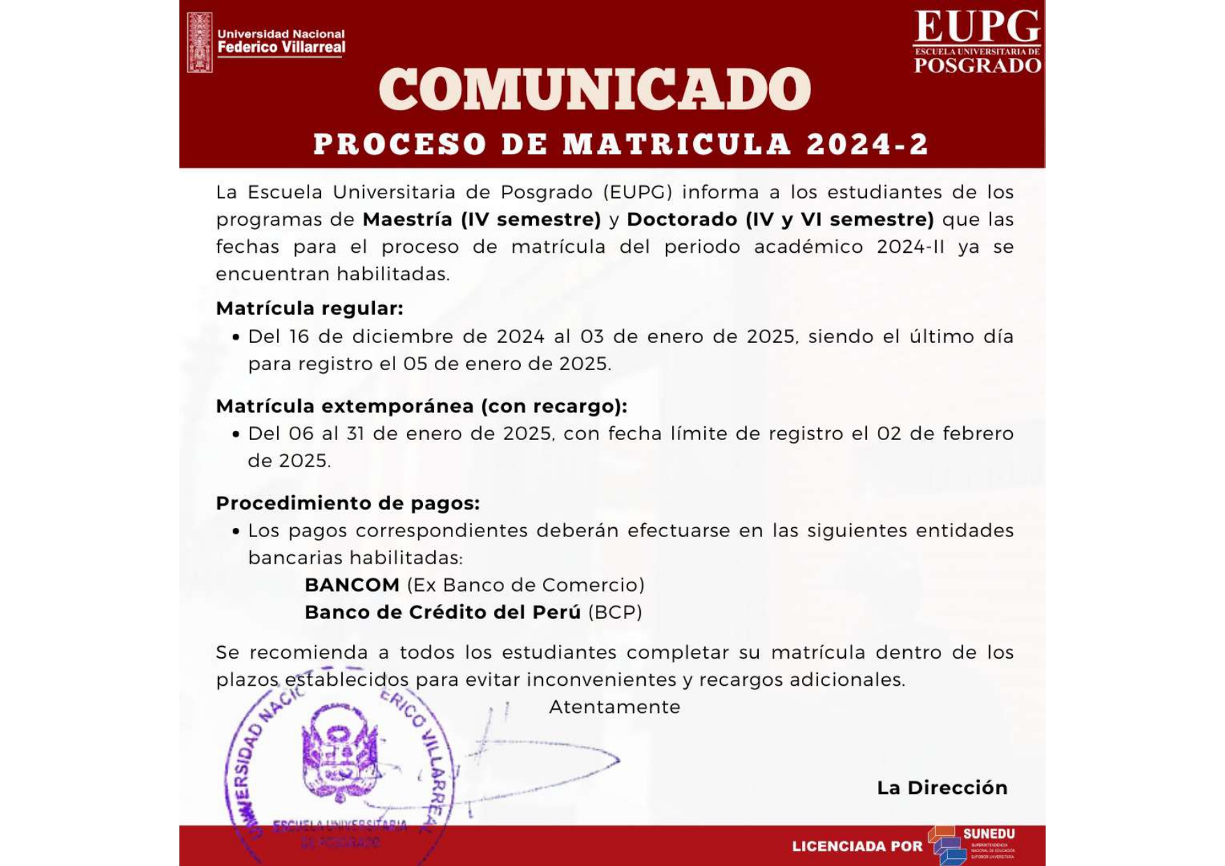 COMUNICADO DE MATRICULA (IV  y VI ciclo)