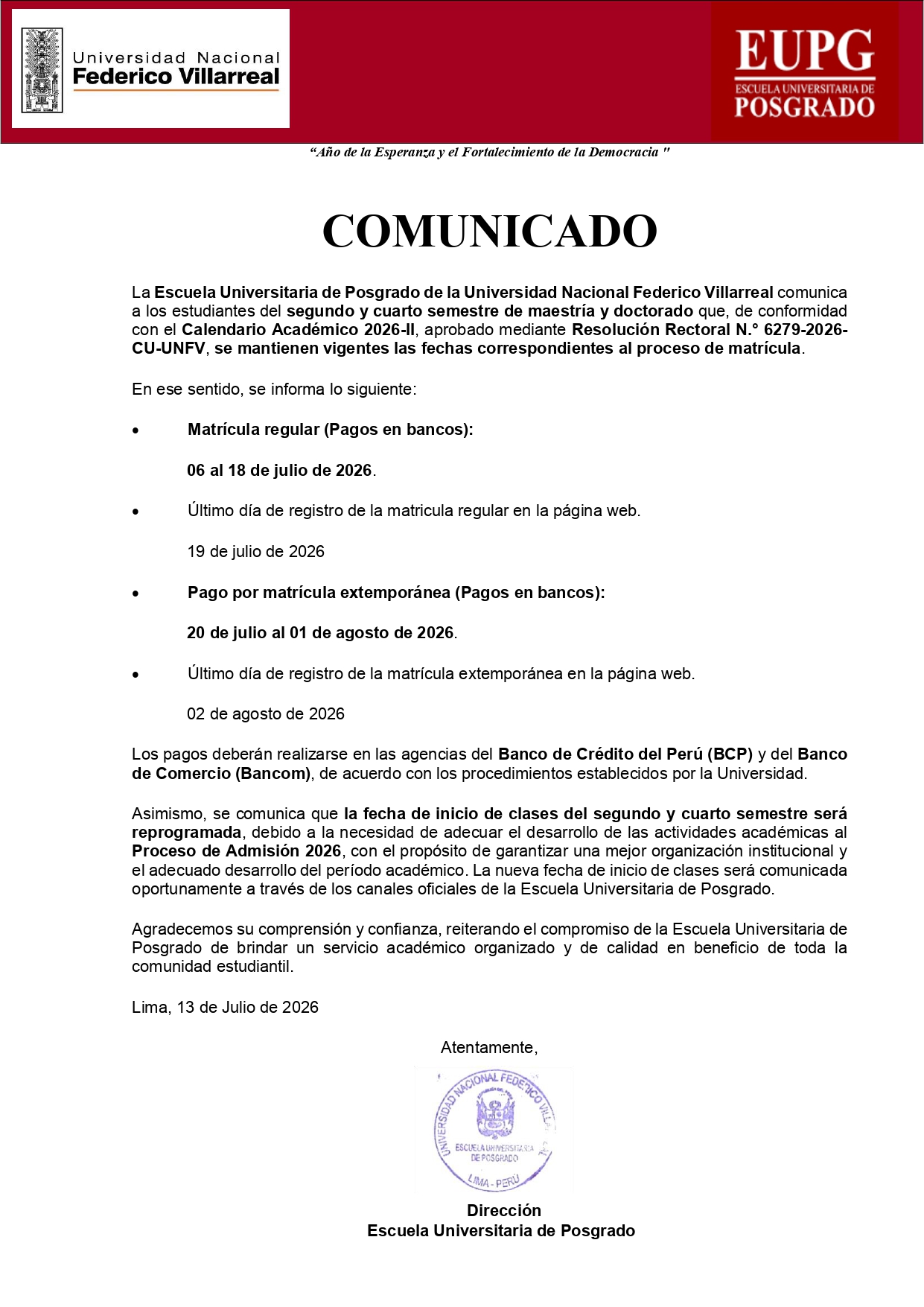 Modificación del Calendario Académico Periodo Lectivo 2026 - II