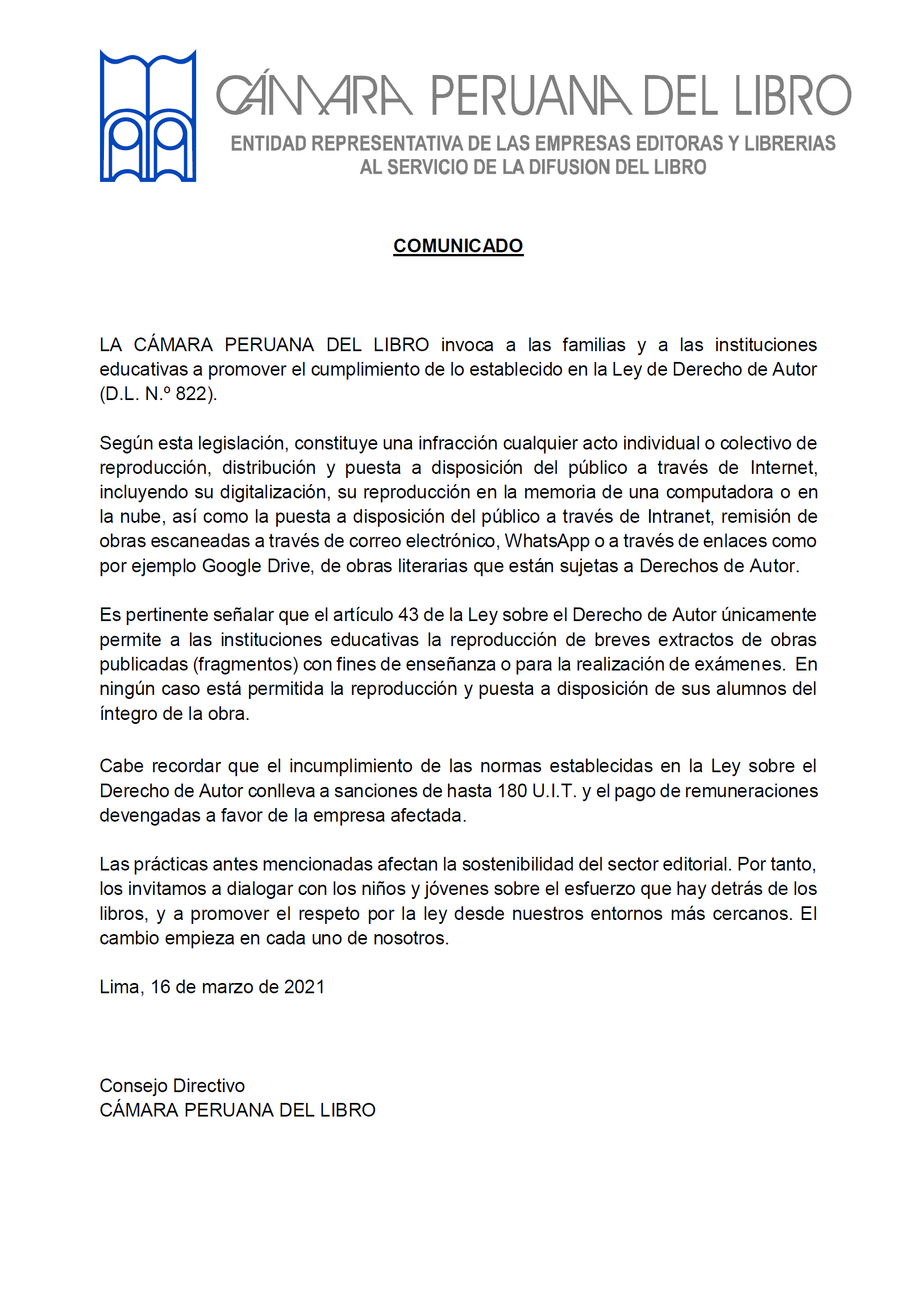 Comunciado Camara Peruana del Libro