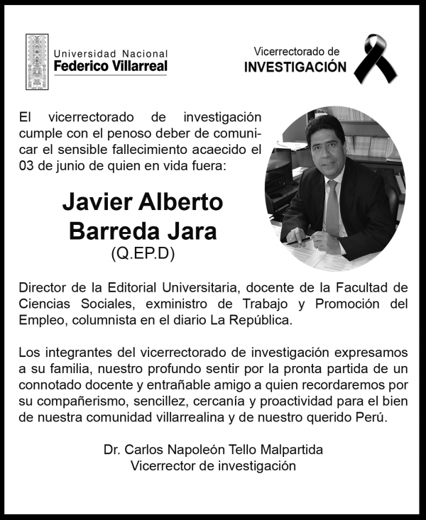 Se comunica sensible fallecimiento de docente Javier Alberto Barreda Jara